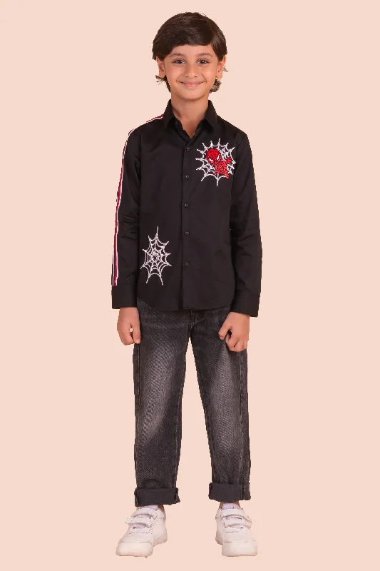 Men's Tab-Collar Shirts for a Crisp LookPre-Order: Shirt with Spider Man Embroidery and Patching on Sleeve Men's Tab-Collar Shirts for a Crisp LookPre-Order: Shirt with Spider Man Embroidery and Patching on Sleeve