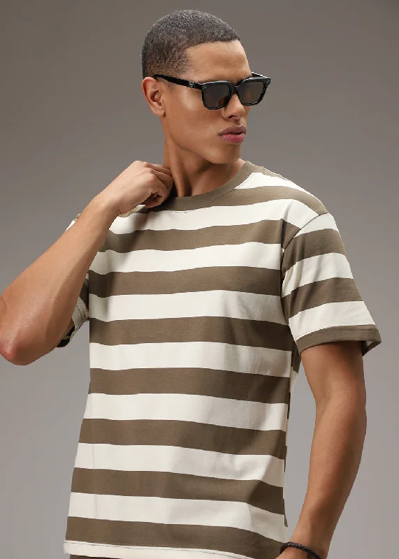 Men's Shirts with Embellished SleevesTan And White Striped T-shirt