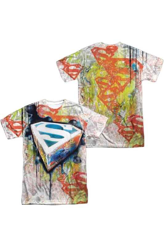 Men's Shirts for Beach OutingsSuperman Urban Shields (Front/Back Print) Short Sleeve Adult 100% Poly Crew Tee / T-Shirt Men's Shirts for Beach OutingsSuperman Urban Shields (Front/Back Print) Short Sleeve Adult 100% Poly Crew Tee / T-Shirt