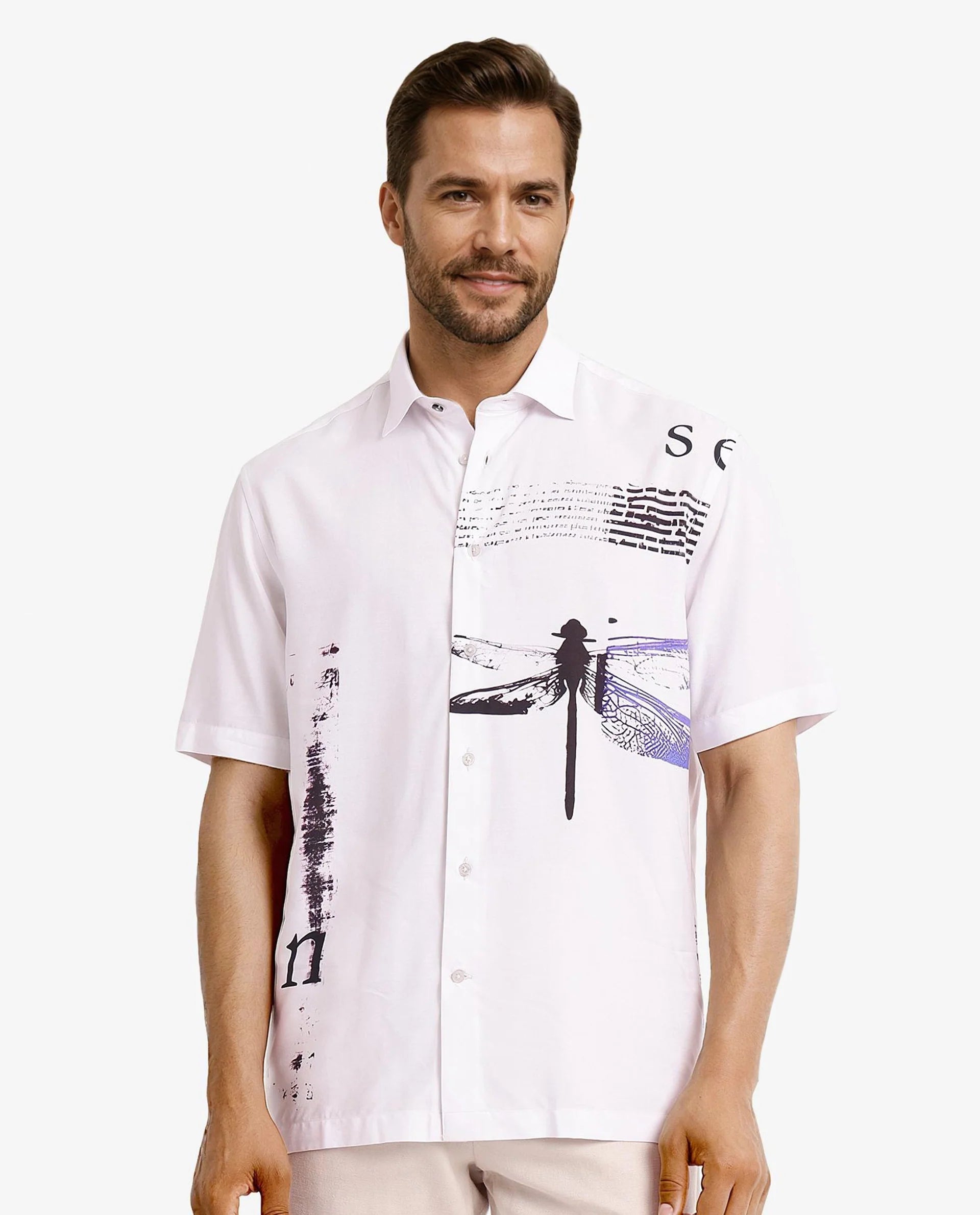 Men's Hawaiian Print Shirts for Luau PartiesRare Rabbit Men's Drago White Short Sleeve Boxy Fit Placement Printed Shirt