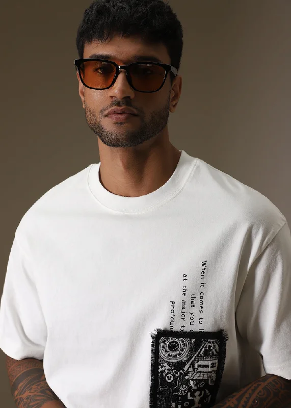 Men's Shirts with Contrast CollarsWhite Applique Printed Oversized T-shirt