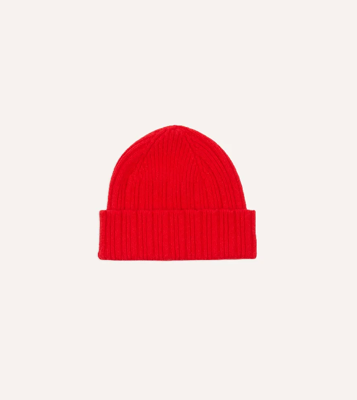 Relaxed Beanie HatsRed Angora Lambswool Ribbed Knit Cap