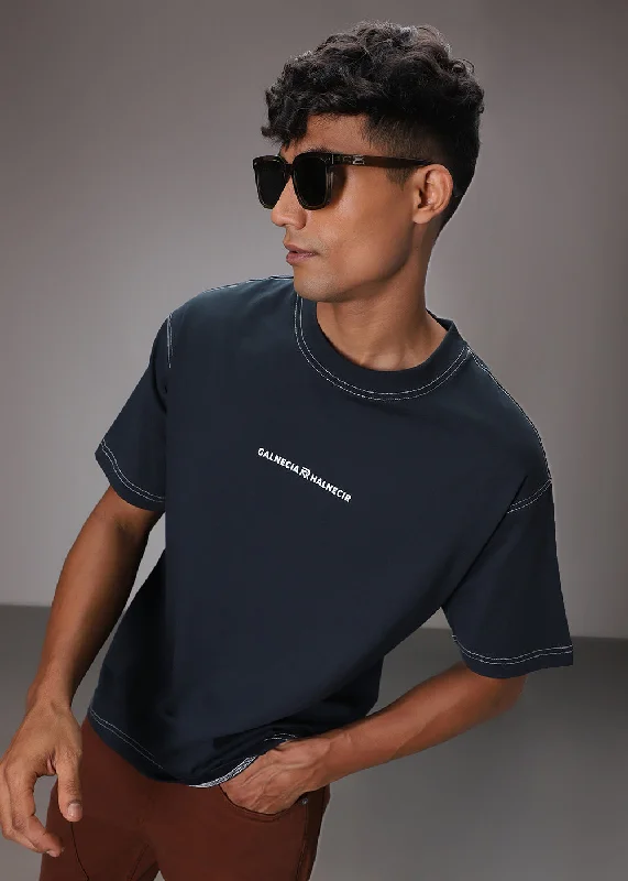 Men's Shirts with Pleated HemlinesBlue Contrast Thread Oversized T-shirt