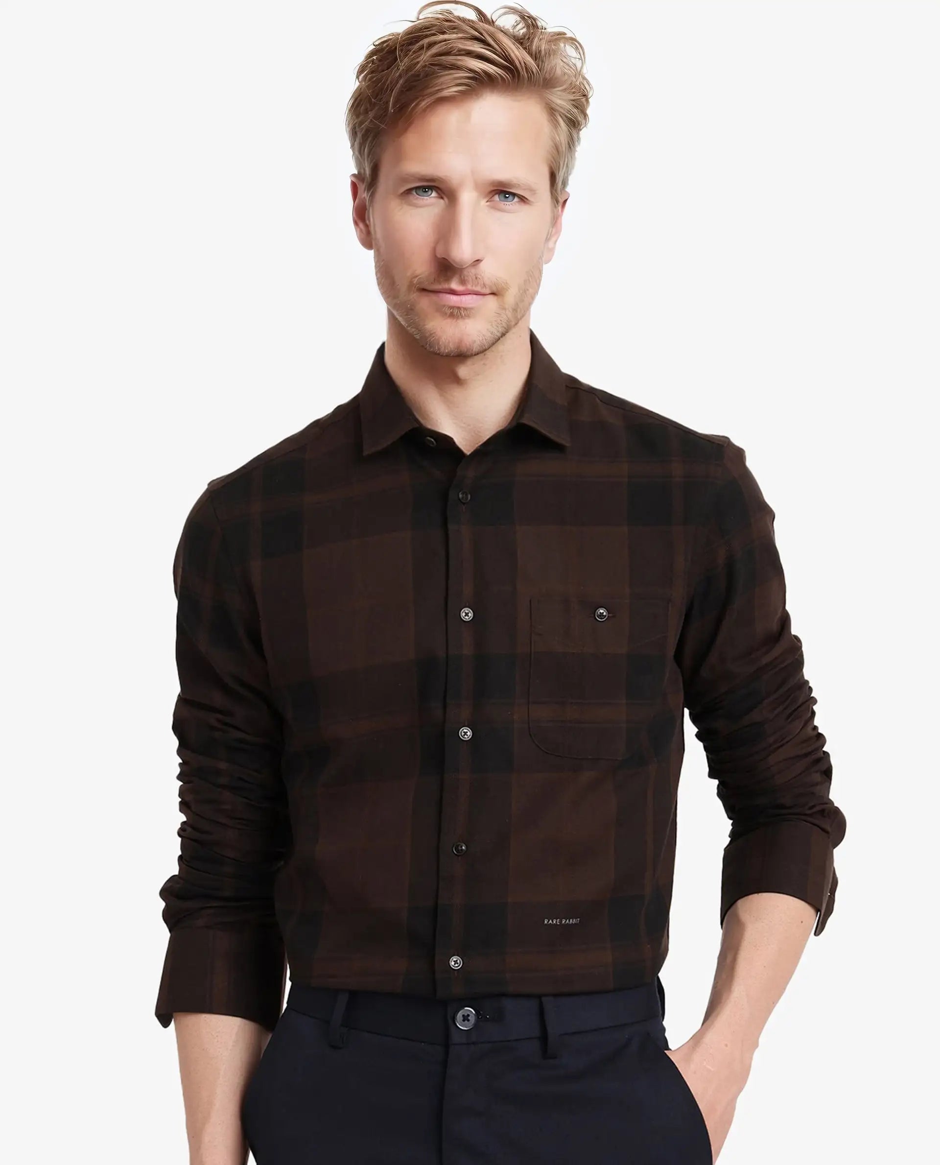 Men's Neutral-Tone Shirts for Versatile StylingRare Rabbit Men Pyre Dark Brown Cotton Fabric Button Down Regular Collar Regular Fit Buffalo Plaid Shirt Men's Neutral-Tone Shirts for Versatile StylingRare Rabbit Men Pyre Dark Brown Cotton Fabric Button Down Regular Collar Regular Fit Buffalo Plaid Shirt