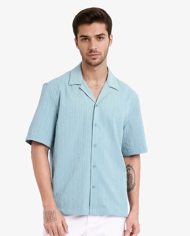 Men's Limited Edition Shirts for ExclusivityRare Rabbit Men's Mirtilo Turq Polyester Fabric Short Sleeve Cuban Collar Self Stripe Textured Shirt Men's Limited Edition Shirts for ExclusivityRare Rabbit Men's Mirtilo Turq Polyester Fabric Short Sleeve Cuban Collar Self Stripe Textured Shirt