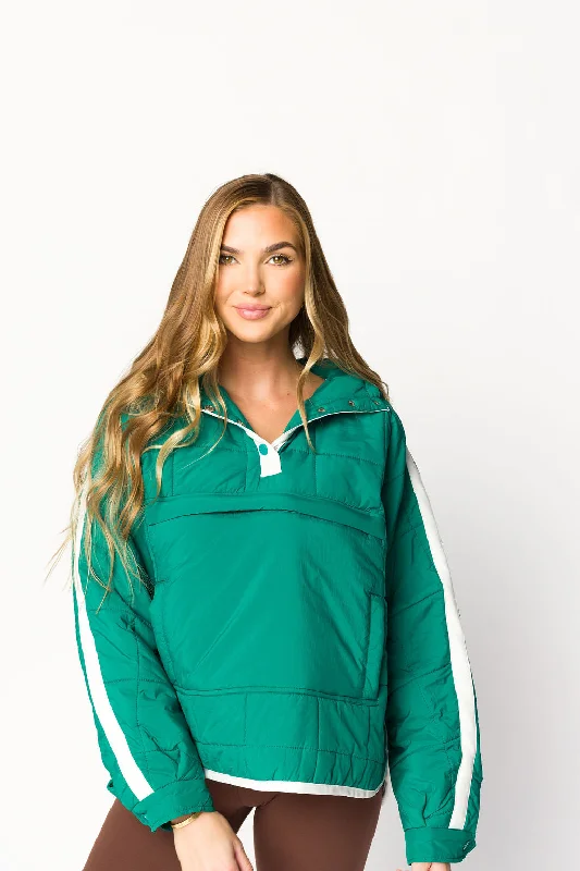 Men's Sweaters with Asymmetrical HemlinesJoanna Quilted Puffer Pullover in Hunter Green/White