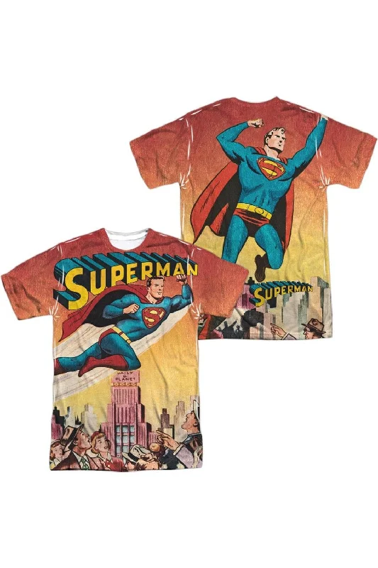 Men's Shirts with Asymmetrical HemlinesSuperman City Flying (Front/Back Print) Short Sleeve Adult Poly Crew Tee / T-Shirt Men's Shirts with Asymmetrical HemlinesSuperman City Flying (Front/Back Print) Short Sleeve Adult Poly Crew Tee / T-Shirt