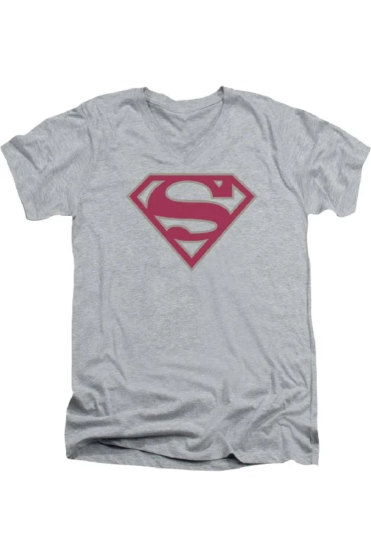 Men's Dressy Shirts for Formal EventsSuperman Crimson & Gray Shield Short Sleeve Adult V Neck Tee / T-Shirt Men's Dressy Shirts for Formal EventsSuperman Crimson & Gray Shield Short Sleeve Adult V Neck Tee / T-Shirt
