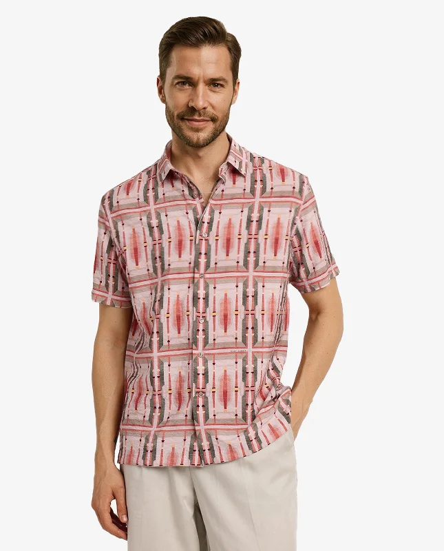 Men's Stain-Resistant Shirts for Mess-Free WearRare Rabbit Men Quill Beige Cotton Fabric Short Sleeve Boxy Fit Abstract Print Shirt