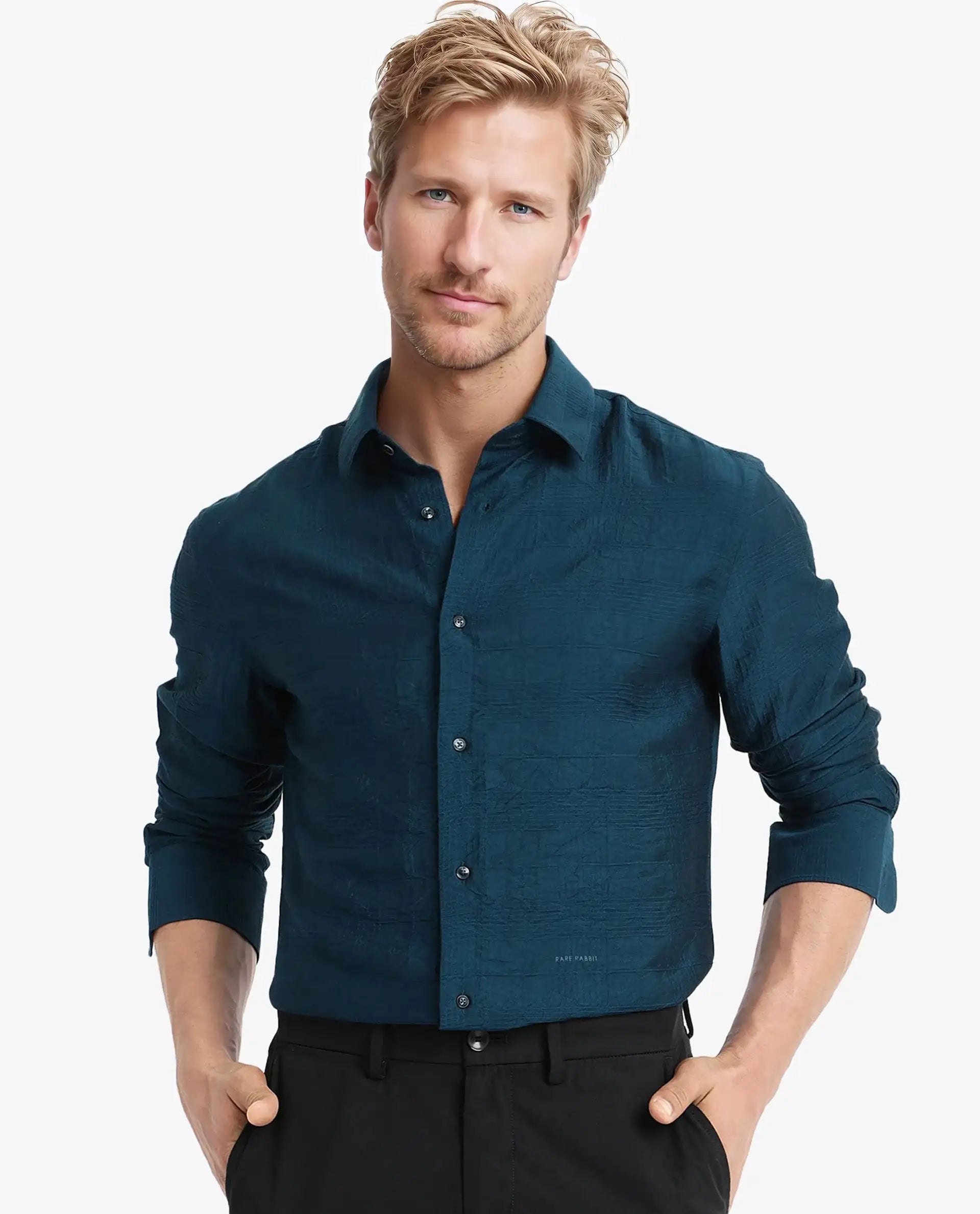 Men's Color-Blocking Shirts for a Statement LookRare Rabbit Men Vaxon Teal Viscose Nylon Fabric Full Sleeve Regular Fit Self Dobby Check Shirt Men's Color-Blocking Shirts for a Statement LookRare Rabbit Men Vaxon Teal Viscose Nylon Fabric Full Sleeve Regular Fit Self Dobby Check Shirt