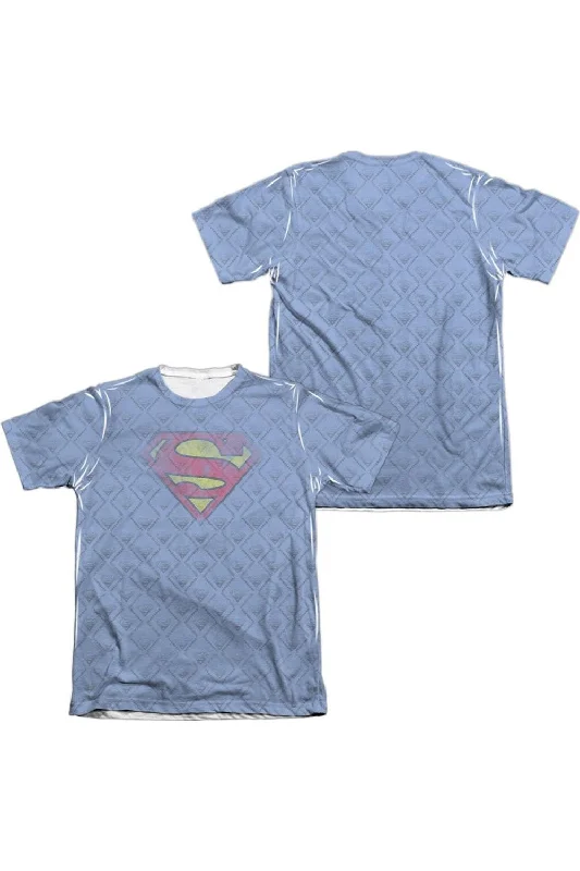 Men's Shirts with Full PlacketsSuperman Repeat Over Distressed (Front/Back Print) Adult 65/35 Poly/Cotton Short Sleeve Tee / T-Shirt Men's Shirts with Full PlacketsSuperman Repeat Over Distressed (Front/Back Print) Adult 65/35 Poly/Cotton Short Sleeve Tee / T-Shirt