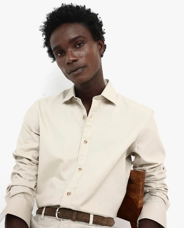 Men's Solid-Color Button-Down Shirts for VersatilityRare Rabbit Men's Arlet Beige Cotton Fabric Full Sleeve Regular Fit Solid Shirt