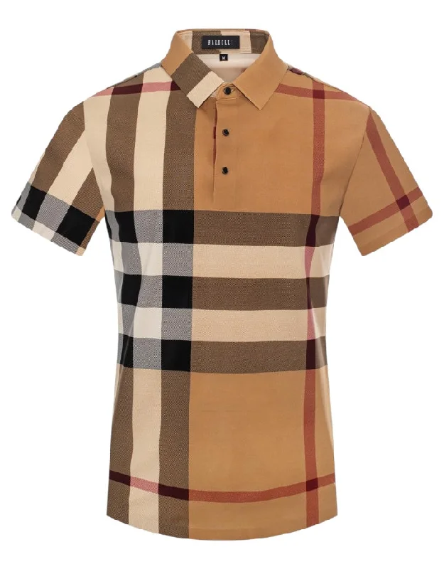 Men's Shirts with Pleated HemlinesCamel Men's Plaid Polo T-Shirt Regular-Fit Style PLCH-001 Men's Shirts with Pleated HemlinesCamel Men's Plaid Polo T-Shirt Regular-Fit Style PLCH-001
