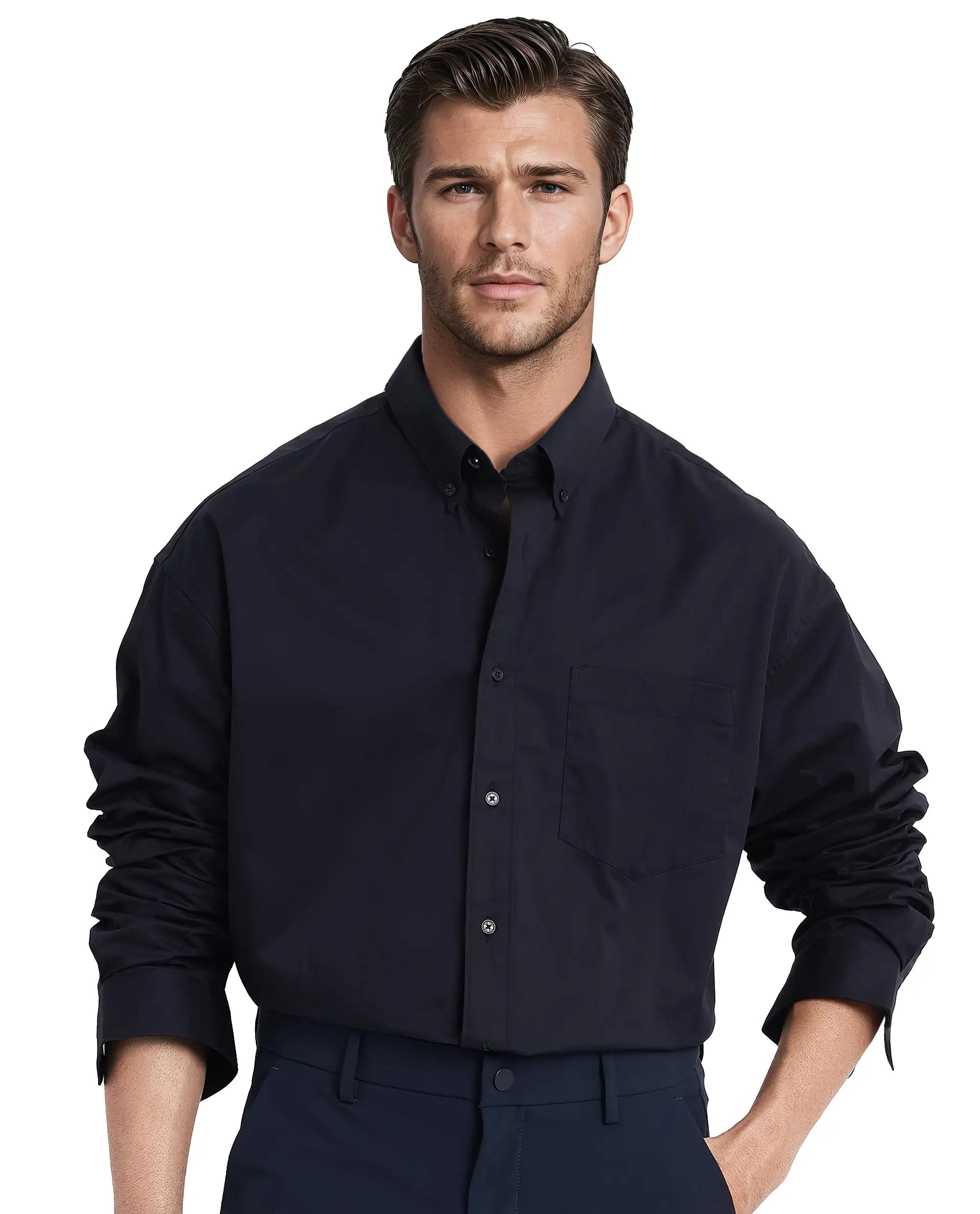Men's Bold-Color Shirts for a Statement PieceRare Rabbit Men's Zord Navy Cotton Lycra Fabric Full Sleeves Button Down Collar Boxy Fit Plain Shirt Men's Bold-Color Shirts for a Statement PieceRare Rabbit Men's Zord Navy Cotton Lycra Fabric Full Sleeves Button Down Collar Boxy Fit Plain Shirt