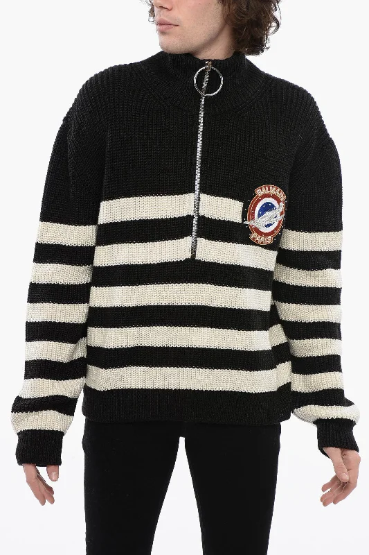 Men's Sweaters in Bright ColorsBalmain Awning Striped Mock Neck Sweater With Emblem Patch Men's Sweaters in Bright ColorsBalmain Awning Striped Mock Neck Sweater With Emblem Patch