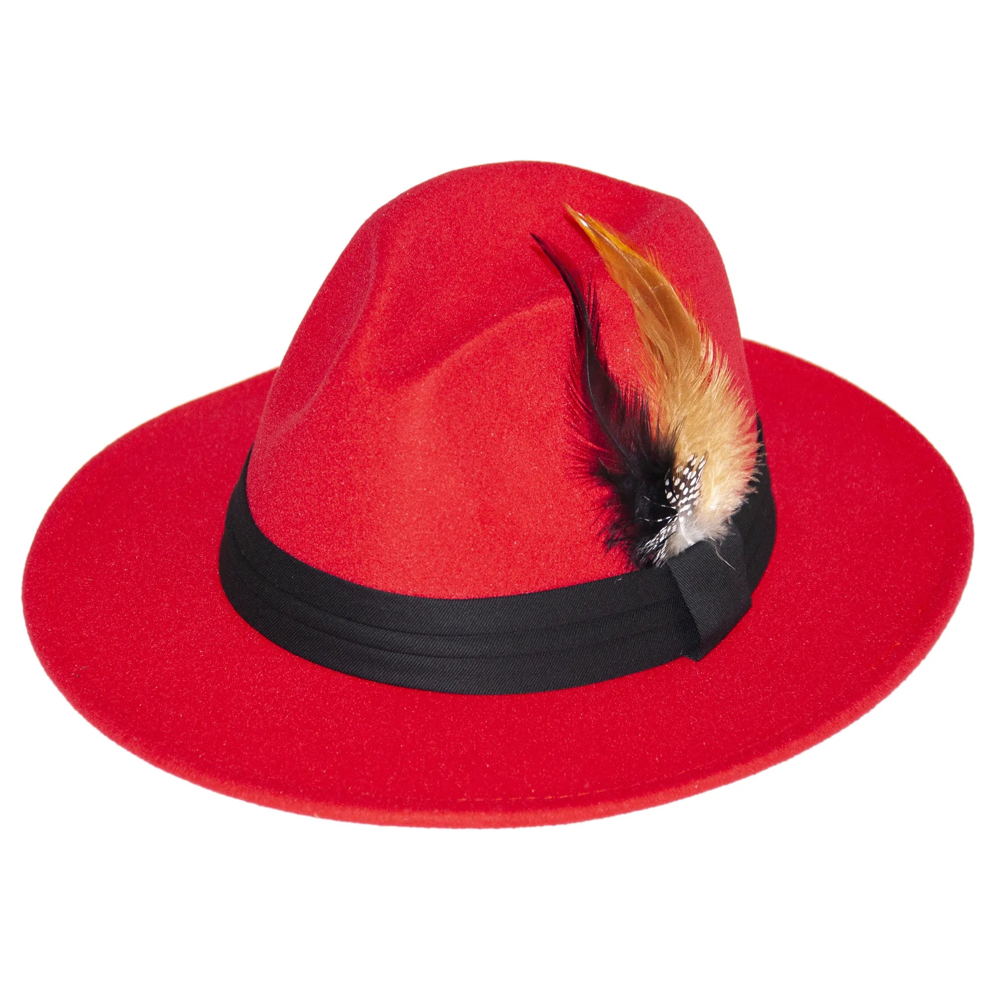Comfortable Fisherman HatsRed Wide Brim Fedora With Feather Plume
