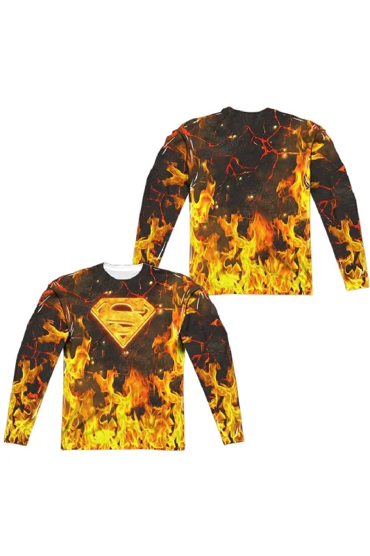 Men's Shirts with Double-Breasted DesignsSuperman Fire Logo (Front/Back Print) Long Sleeve Adult Poly Crew Tee / T-Shirt Men's Shirts with Double-Breasted DesignsSuperman Fire Logo (Front/Back Print) Long Sleeve Adult Poly Crew Tee / T-Shirt