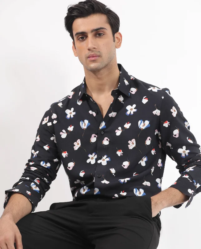 Men's Slim-Fit Shirts for a Flattering ShapeRare Rabbit Mens Kraz Black Cotton Blend Full Sleeve Floral Print Shirt