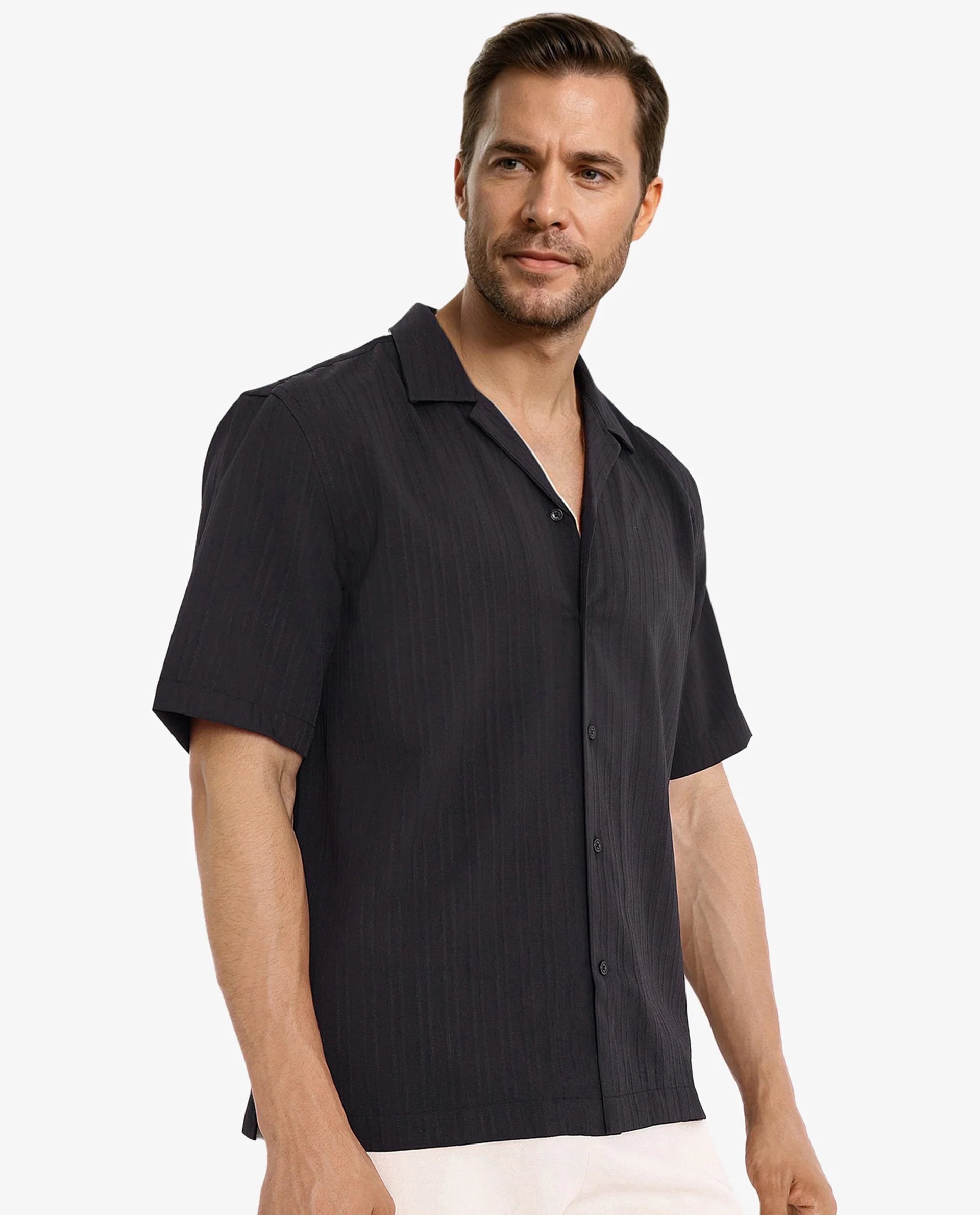 Men's Color-Blocking Shirts for a Statement LookRare Rabbit Men's Mirtilo Black Polyester Fabric Short Sleeve Cuban Collar Self Stripe Textured Shirt Men's Color-Blocking Shirts for a Statement LookRare Rabbit Men's Mirtilo Black Polyester Fabric Short Sleeve Cuban Collar Self Stripe Textured Shirt