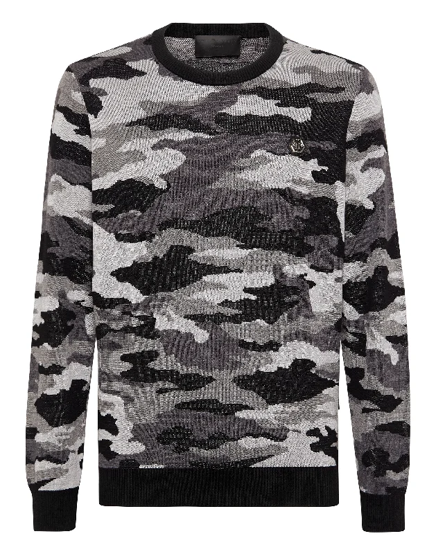Men's Sweaters with Belt AttachmentsMerino Wool Pullover Round Neck LS Camouflage