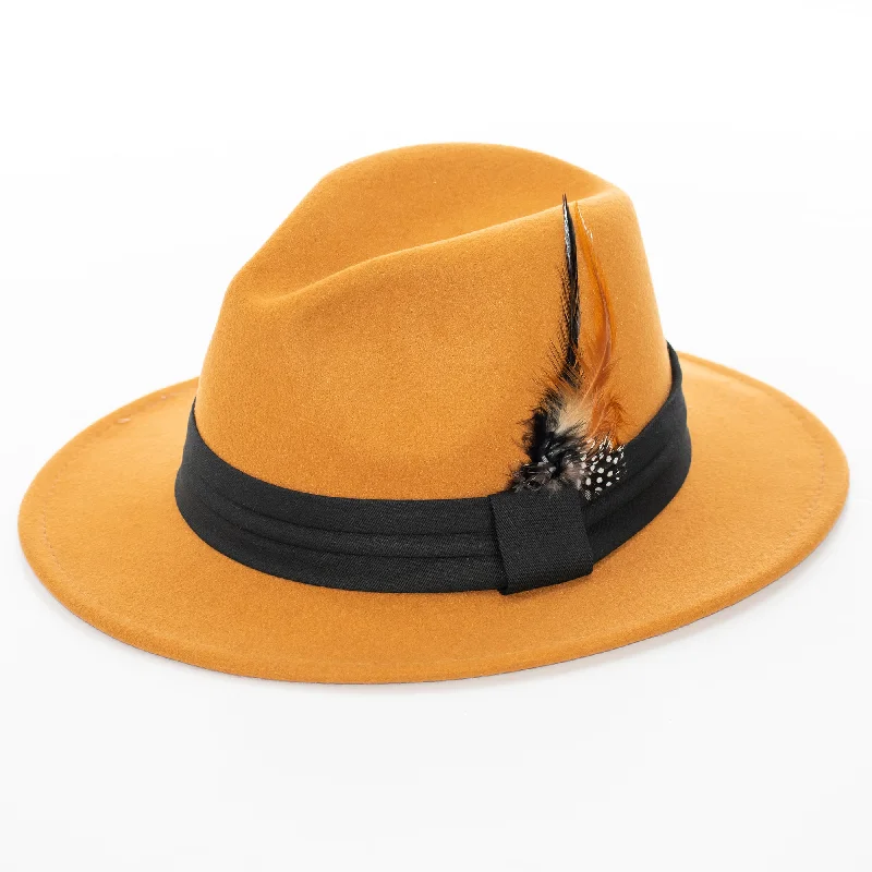 Embroidered Baseball CapsWide Brim Caramel Fedora with Feather Plume