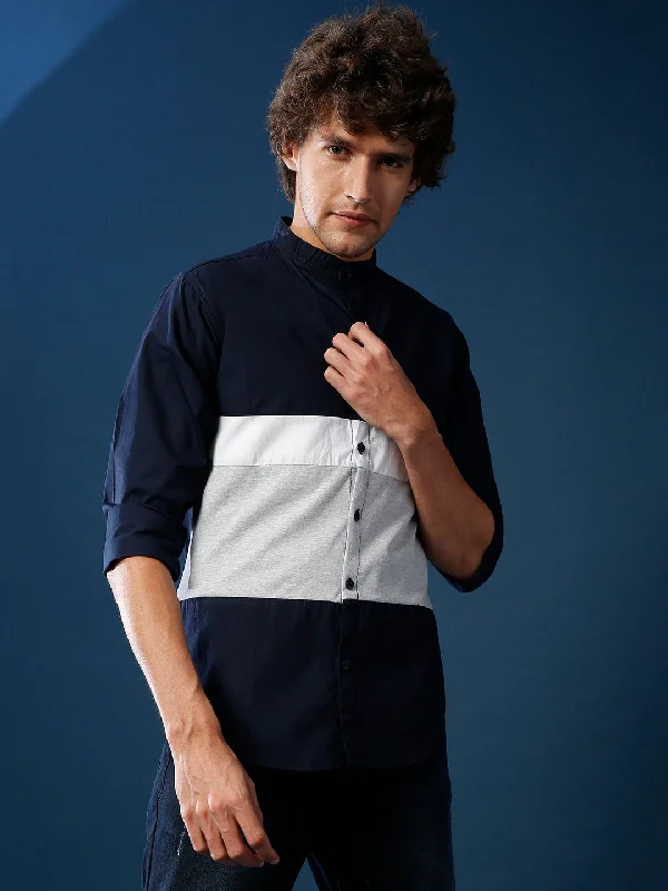 Men's Camping Shirts for Outdoor AdventuresCampus Sutra Men Color Block Casual Mandarin Shirt Men's Camping Shirts for Outdoor AdventuresCampus Sutra Men Color Block Casual Mandarin Shirt