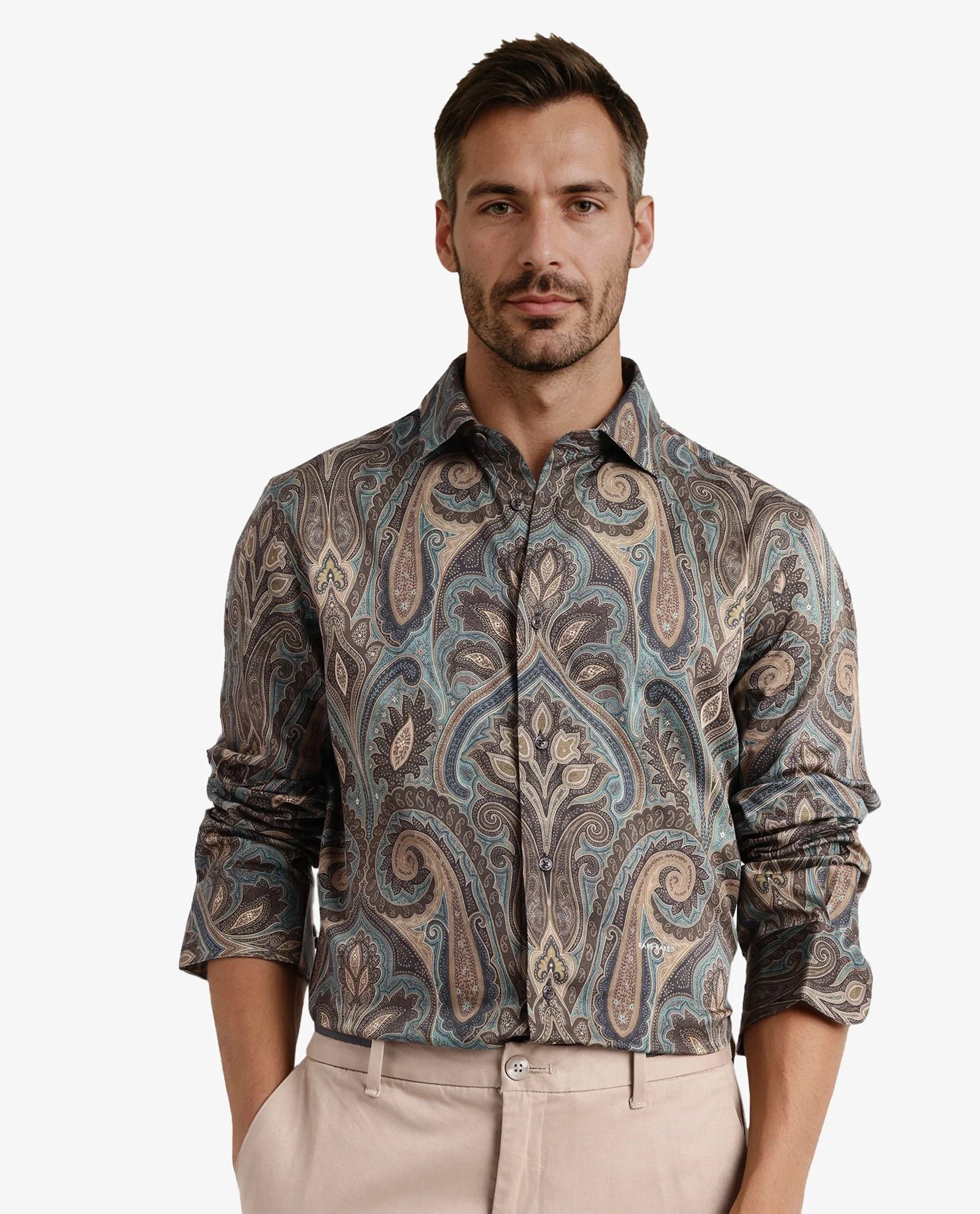 Men's Crew Neck T-Shirts for Everyday WearRare Rabbit Men Rave Green Full Sleeve Regular Fit Paisley Print Shirt Men's Crew Neck T-Shirts for Everyday WearRare Rabbit Men Rave Green Full Sleeve Regular Fit Paisley Print Shirt