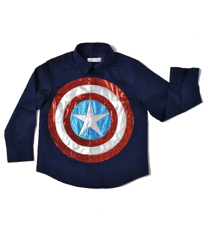 Men's Easy-Care Shirts for Busy LifestylesPre-Order: Navy Blue Shirt with captain America Shield Men's Easy-Care Shirts for Busy LifestylesPre-Order: Navy Blue Shirt with captain America Shield
