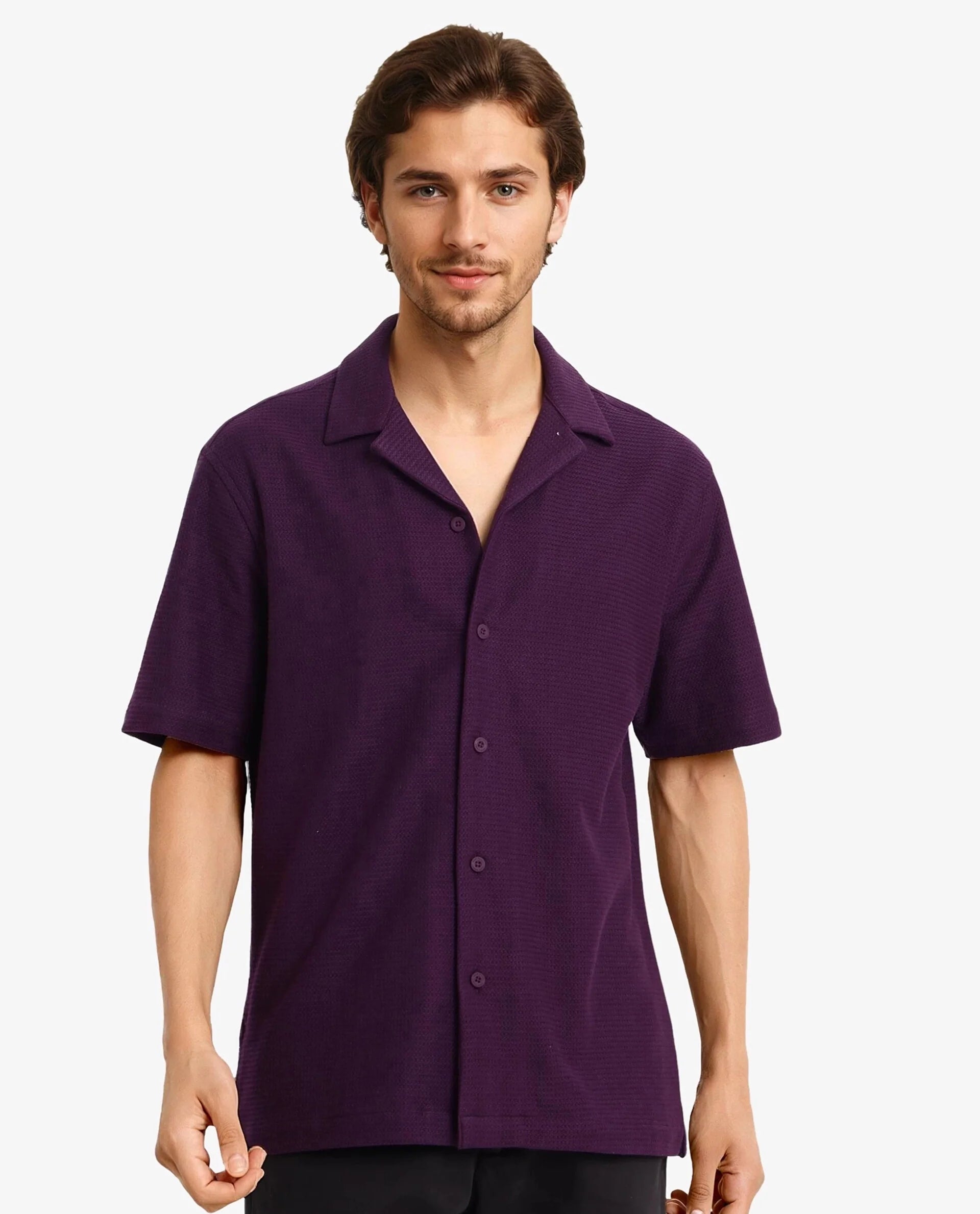 Men's Patterned Casual Shirts for Relaxed StylingRare Rabbit Men Site Ss Dark Purple Short Sleeve Collared Neck Button Closure Regular Fit Plain Shirt Men's Patterned Casual Shirts for Relaxed StylingRare Rabbit Men Site Ss Dark Purple Short Sleeve Collared Neck Button Closure Regular Fit Plain Shirt