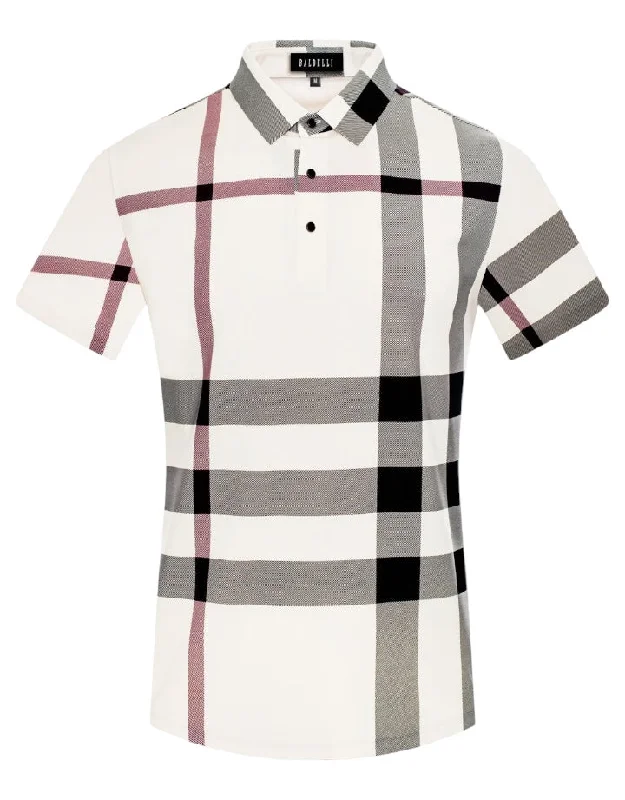 Men's Shirts with Rounded HemlinesWhite Men's Plaid Polo T-Shirt Regular-Fit Style PLCH-001 Men's Shirts with Rounded HemlinesWhite Men's Plaid Polo T-Shirt Regular-Fit Style PLCH-001