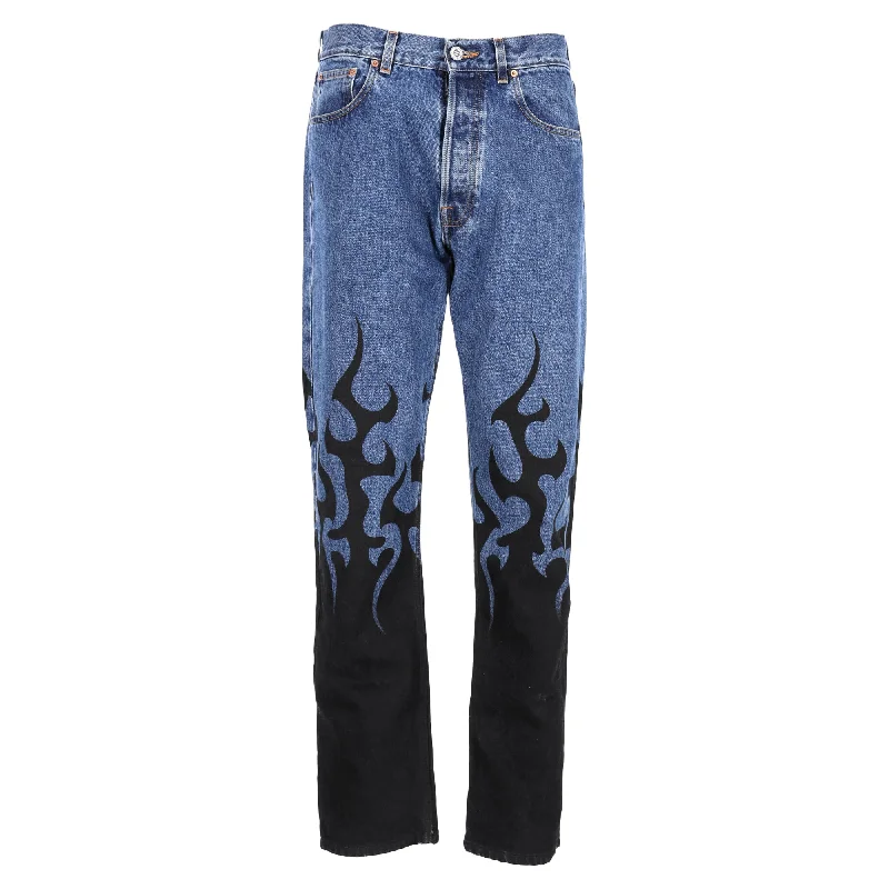 Light Wash Men's JeansVetements Flame Print Straight-Leg Jeans in Blue Cotton Denim
