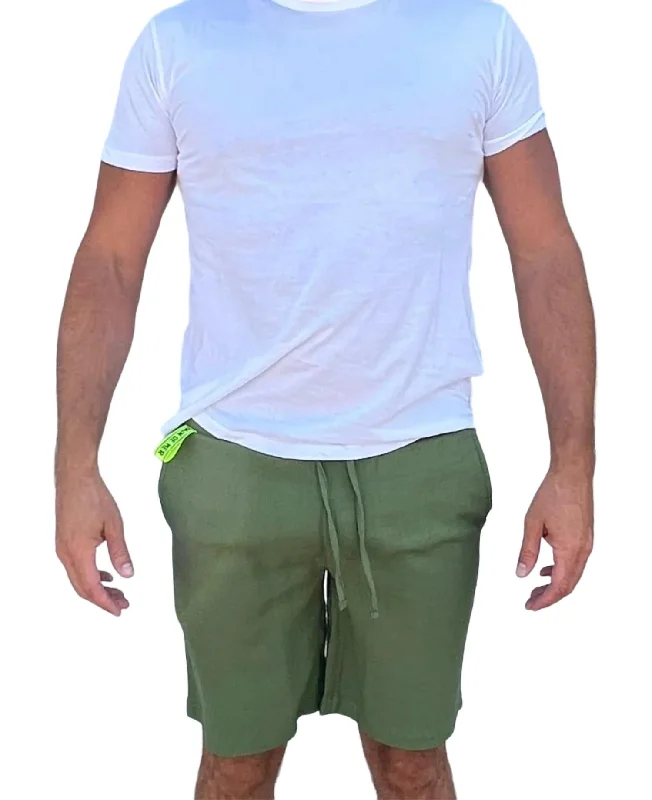 Short-Inseam Men's Dress and Casual PantsCasual Linen Shorts In Military Green