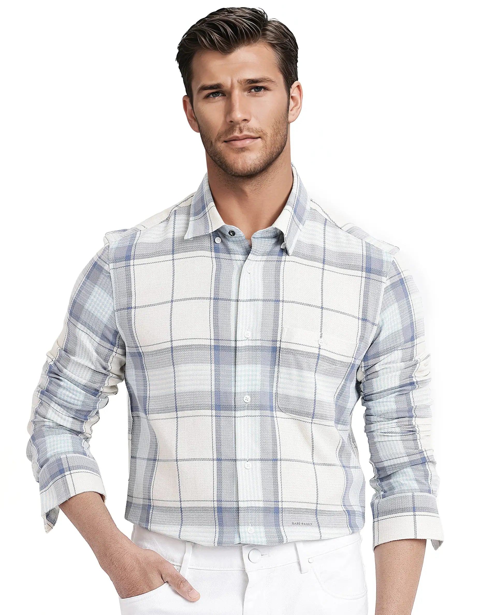 Men's Spread-Collar Shirts for a Bold StatementRare Rabbit Men Senza Off White Cotton Fabric Full Sleeve Button Down Collar Regular Fit Check Shirt Men's Spread-Collar Shirts for a Bold StatementRare Rabbit Men Senza Off White Cotton Fabric Full Sleeve Button Down Collar Regular Fit Check Shirt