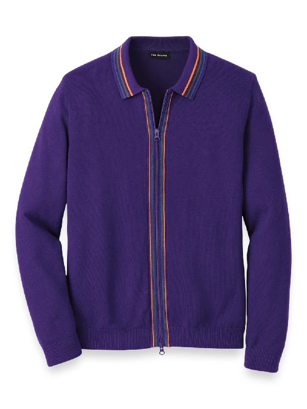 Men's Shirts with Pin CollarsCotton Full Zip Polo - Purple