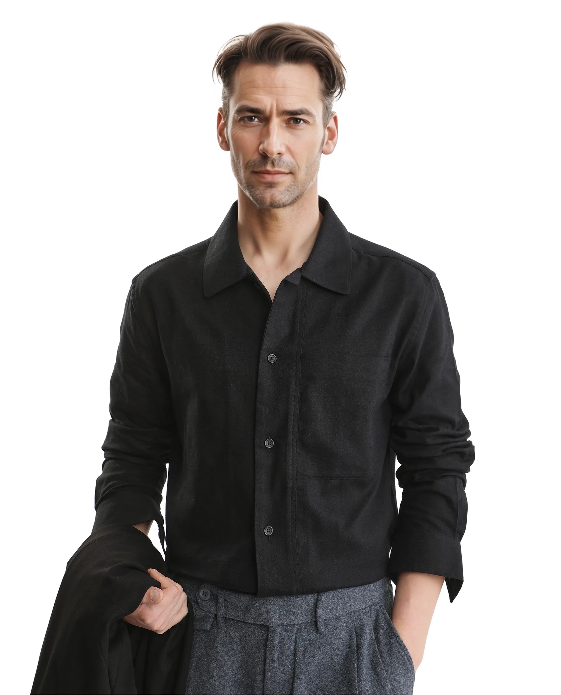 Men's Machine-Washable Shirts for ConvenienceRare Rabbit Men Combi Black Knitted Jacquard Fabric Full Sleeve Regular Fit Textured Solid Shirt Men's Machine-Washable Shirts for ConvenienceRare Rabbit Men Combi Black Knitted Jacquard Fabric Full Sleeve Regular Fit Textured Solid Shirt