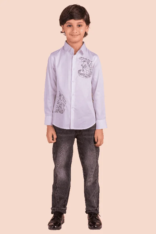 Men's Designer Shirts for a Statement PiecePre-Order: White Shirt with Black Gorilla Threadwork Embroidery Men's Designer Shirts for a Statement PiecePre-Order: White Shirt with Black Gorilla Threadwork Embroidery