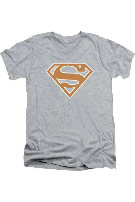 Men's Shirts for Beach OutingsSuperman Burnt Orange & White Shield Short Sleeve Adult V Neck T-Shirt Men's Shirts for Beach OutingsSuperman Burnt Orange & White Shield Short Sleeve Adult V Neck T-Shirt