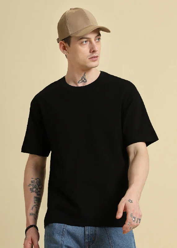 Men's Shirts for Beach OutingsBlack Basic Textured Oversized T-shirt