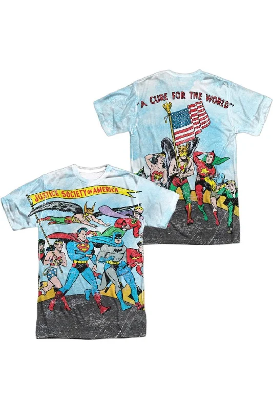 Men's Shirts with Pleated HemlinesJustice League of America World Cure (Front/Back Print) Short Sleeve Adult Poly Crew Tee / T-Shirt Men's Shirts with Pleated HemlinesJustice League of America World Cure (Front/Back Print) Short Sleeve Adult Poly Crew Tee / T-Shirt