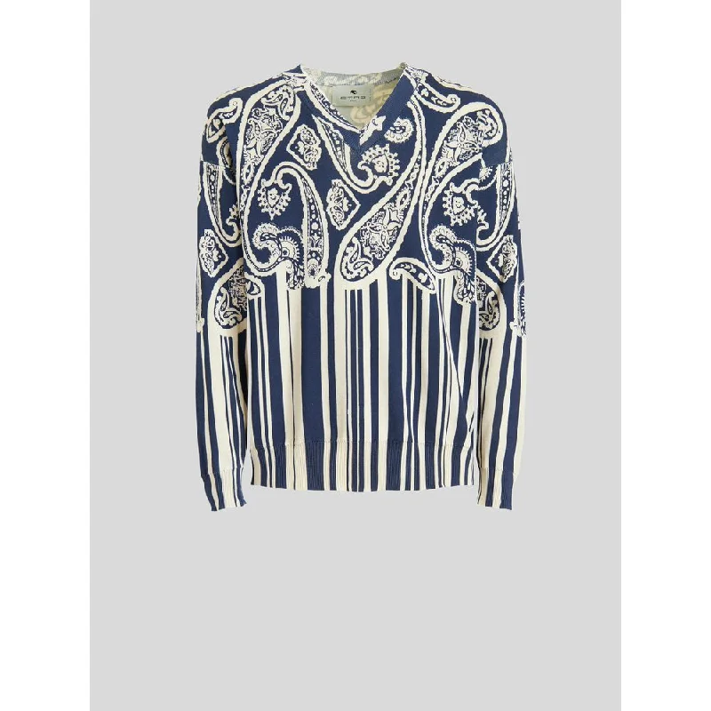 Men's Sweaters with Low-Neck DesignsStriped Paisley Cotton Jumper