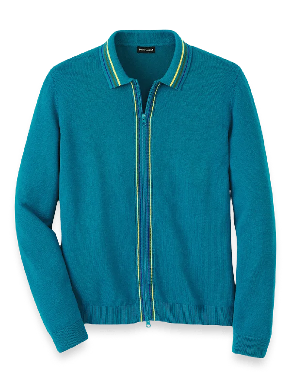 Men's Shirts with Abstract DesignsCotton Full Zip Polo - Teal