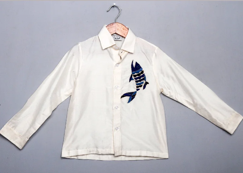 Men's Striped Shirts for a Maritime TwistPre-Order: White Full Shirt with Hand Fish Embroidery Men's Striped Shirts for a Maritime TwistPre-Order: White Full Shirt with Hand Fish Embroidery