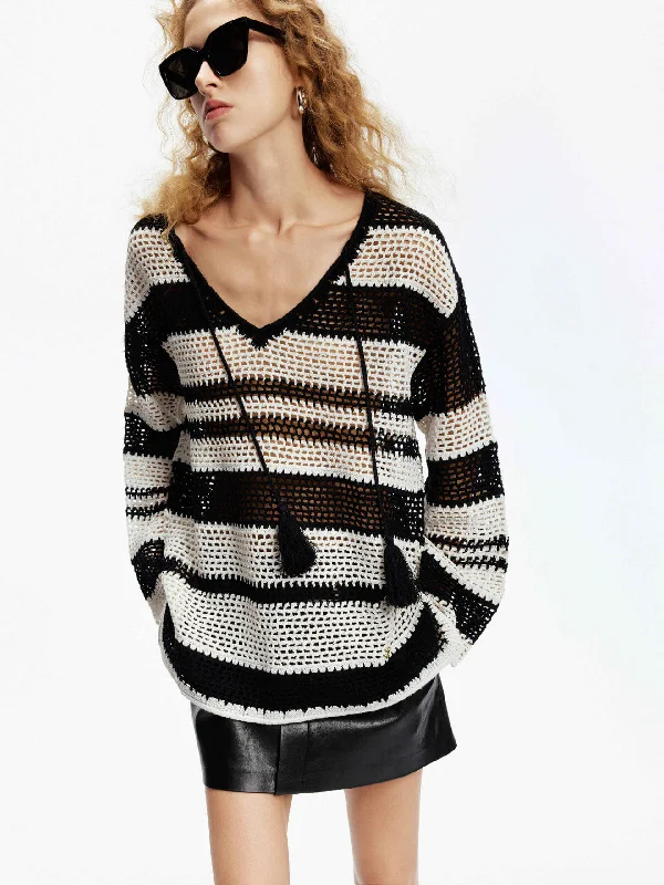 Men's Sweaters with Adjustable HemlinesCrochet Knit Stripe Sweater