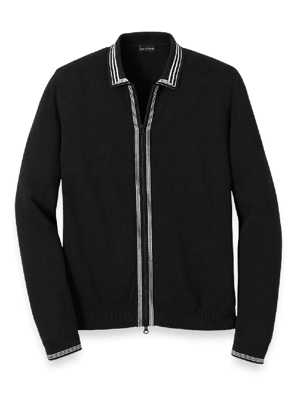 Men's Shirts with Bow TiesCotton Full Zip Polo - Black