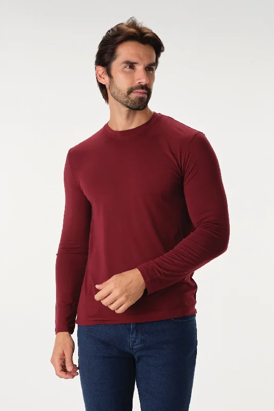 Men's Shirts with Raw-Edge HemlinesSolid Performance Burgundy Long Sleeve Crew Neck T-Shirt