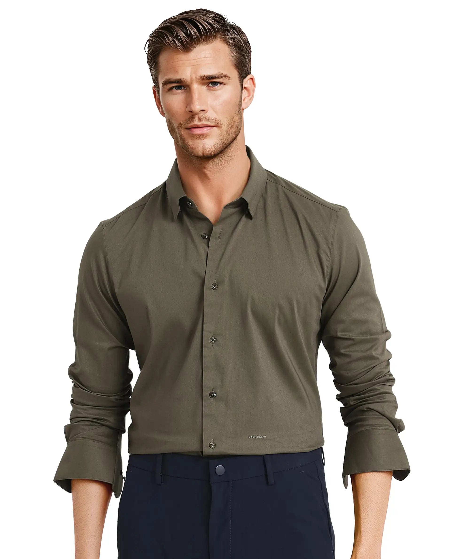 Men's Spread-Collar Shirts for a Bold StatementRare Rabbit Men Mawz Olive Cotton Polyester Fabric Full Sleeve Regular Fit Plain Twill Shirt Men's Spread-Collar Shirts for a Bold StatementRare Rabbit Men Mawz Olive Cotton Polyester Fabric Full Sleeve Regular Fit Plain Twill Shirt