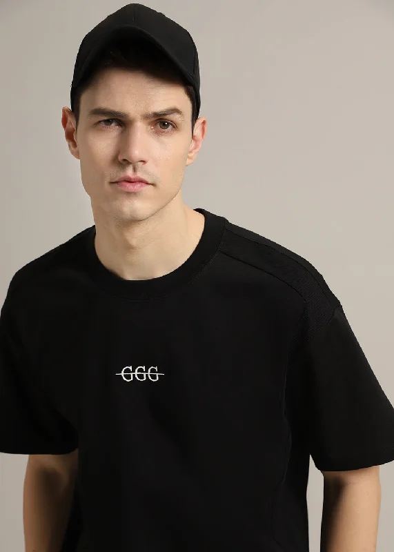 Men's Shirts with Geometric PatternsCut And Sew Black Oversized T-shirt