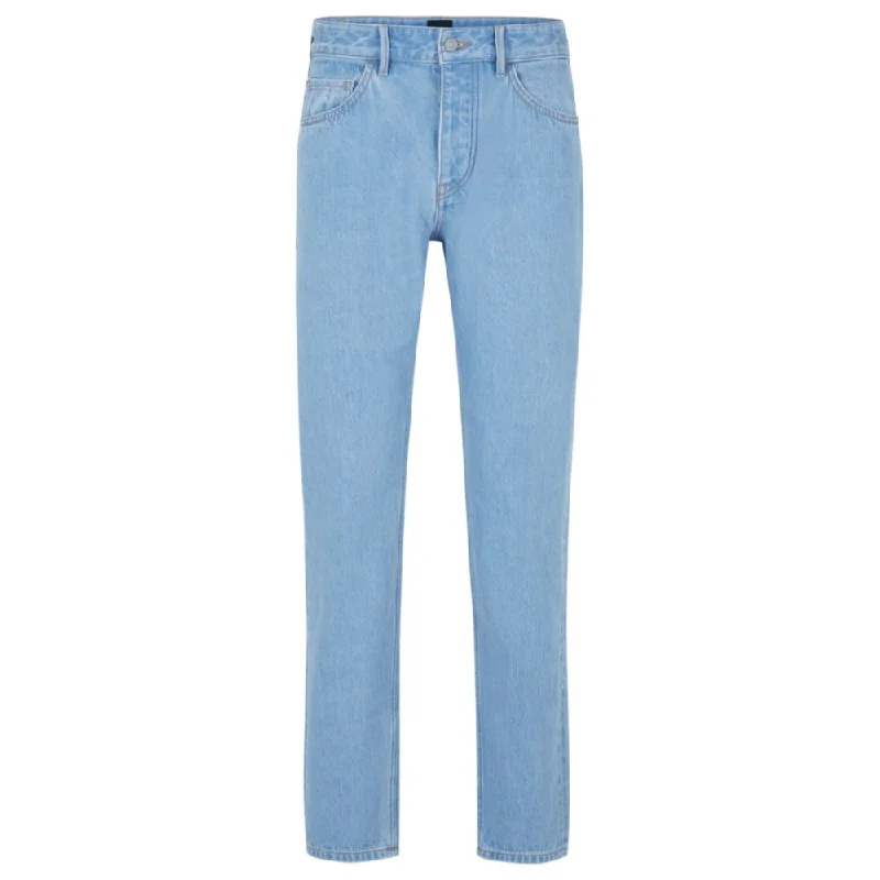 Leather Patch Embellished Men's JeansTapered-fit jeans in blue pure-cotton denim