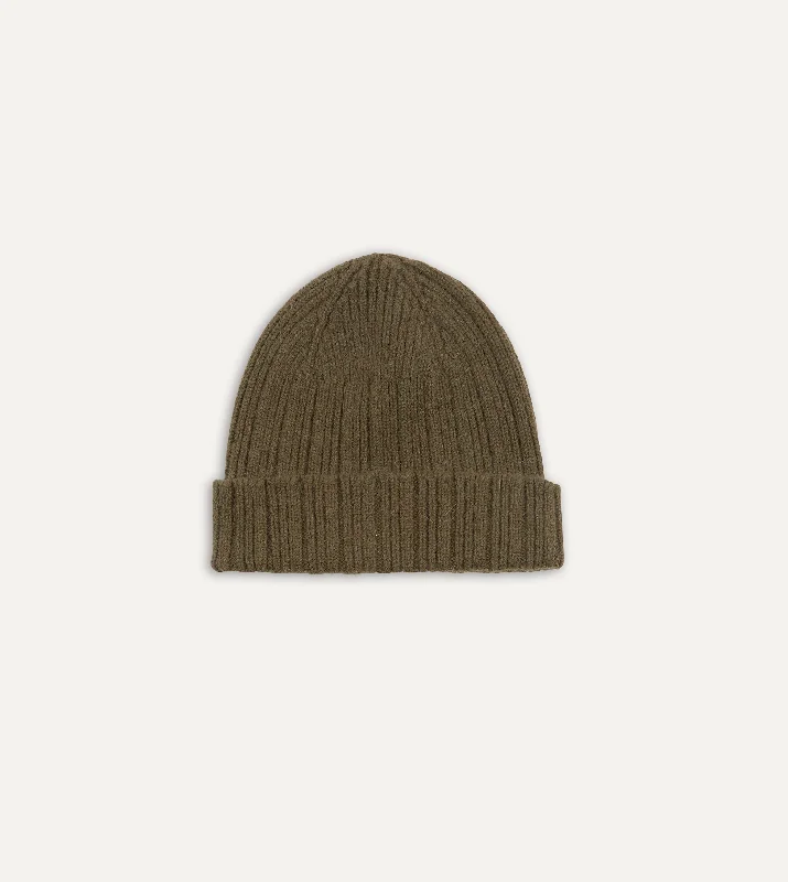 Affordable Winter BeaniesKhaki Green Angora Lambswool Ribbed Knit Cap