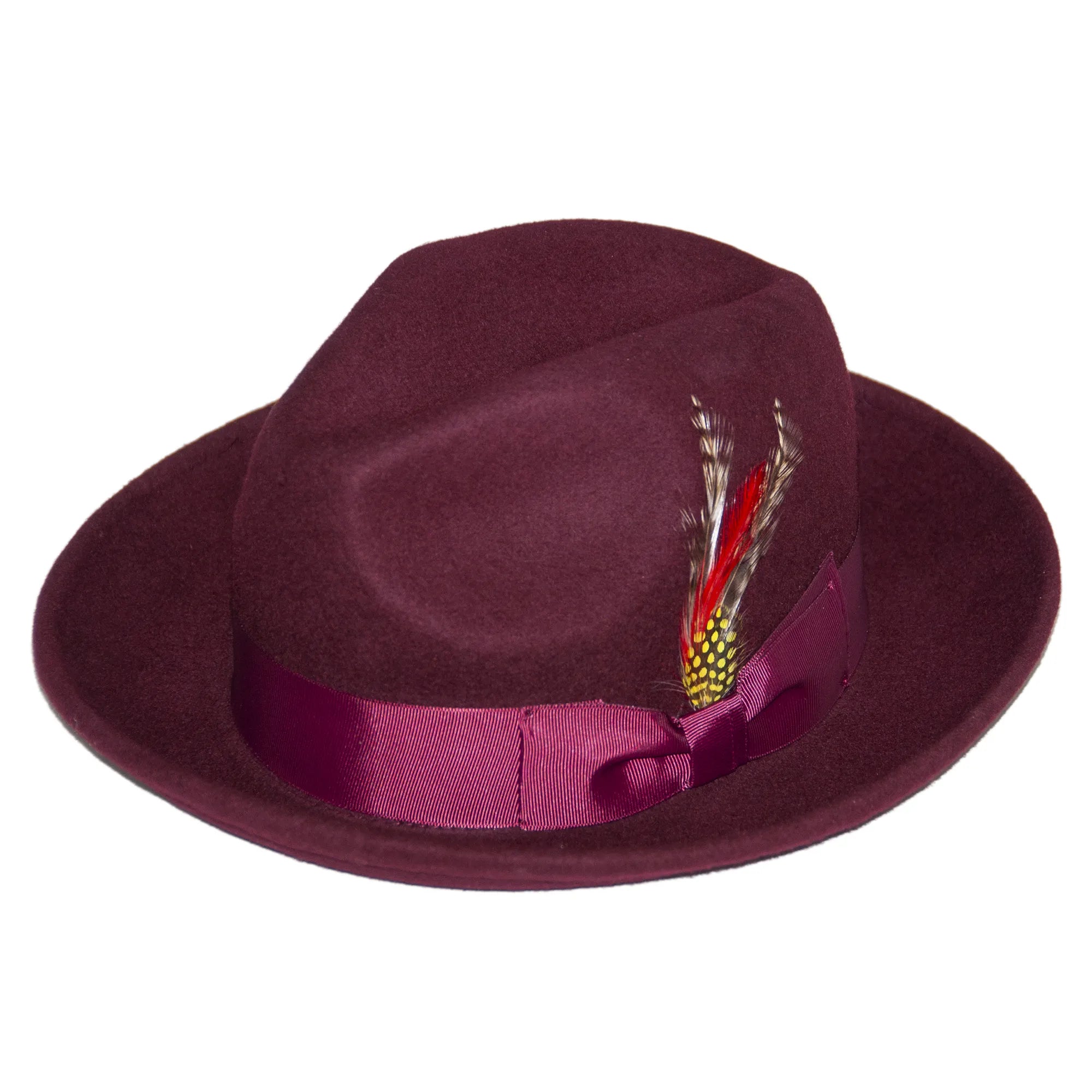 Retro Baseball CapsWide Brim Burgundy Fedora with Feather Plume